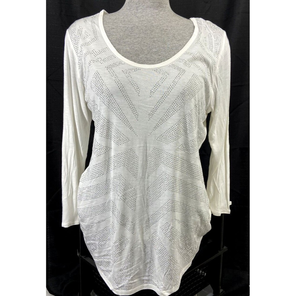 Jeans by Buffalo Top XL White Stretch Bling 3/4 Sl Pullover Round Hem